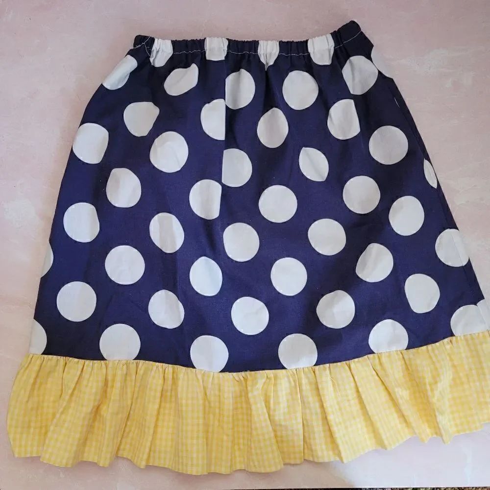 Girls medium navy blue yellow polka dot ruffle pull on skirt handmade cotton sha